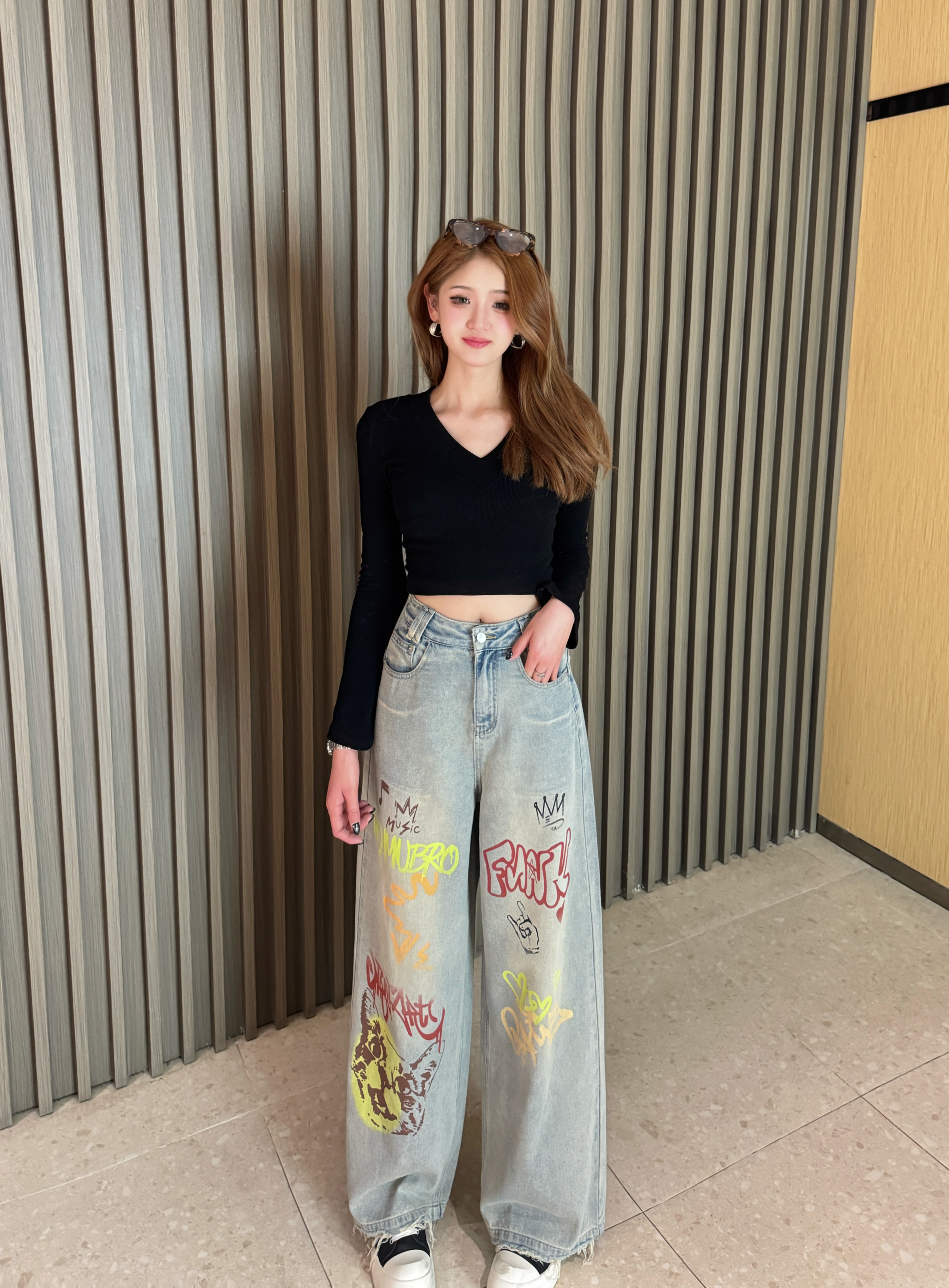 美式高街vibe裤子加长版女款小众设计感涂鸦牛仔裤修身直筒微喇裤