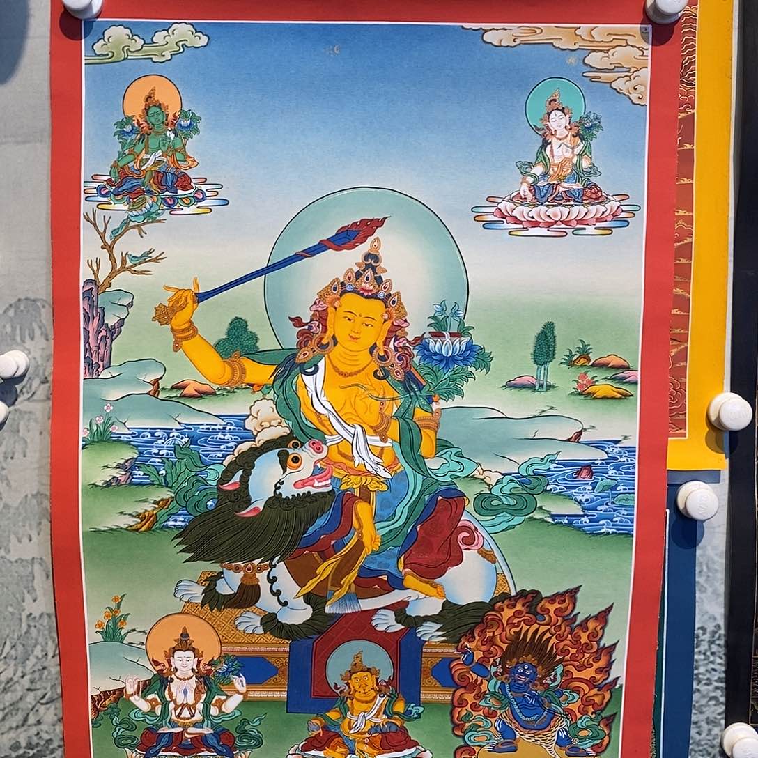卷轴画吆**生纯手绘文殊菩萨唐卡75*50厘米左右