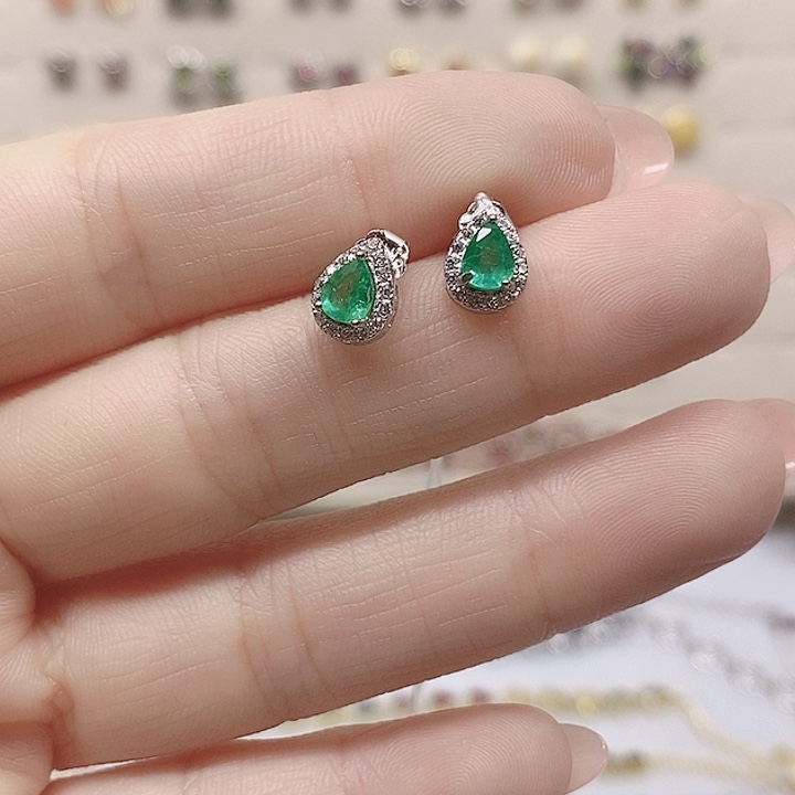 祖母绿耳饰银S925镶嵌