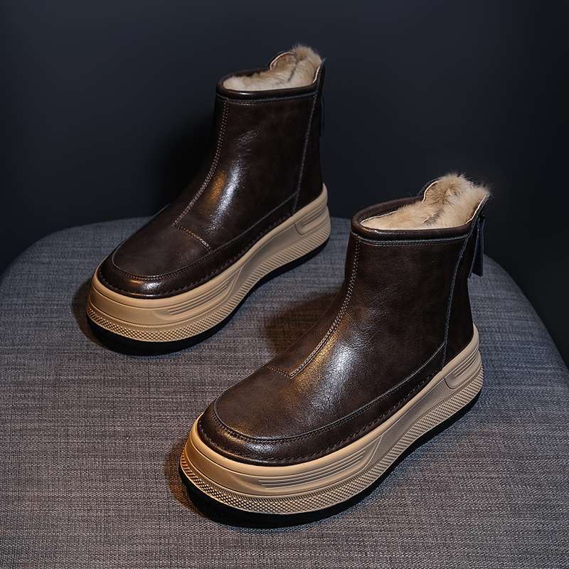 真皮厚底防水加绒加厚女款中筒雪地靴时尚兔毛短靴后拉链