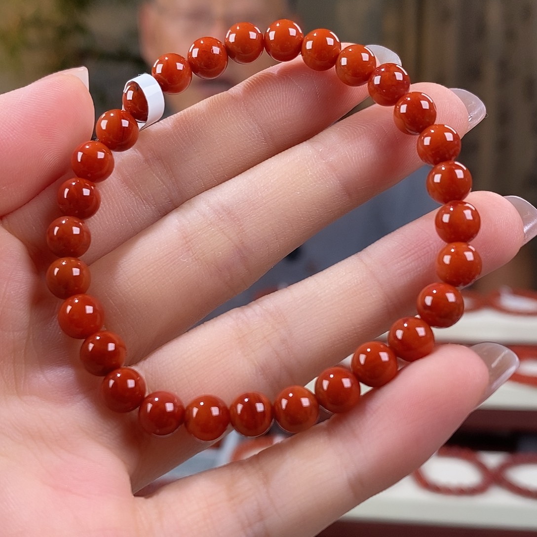 南红玛瑙未镶嵌手串原矿6mm 柿子红瓦西满肉4a+稀有级别
