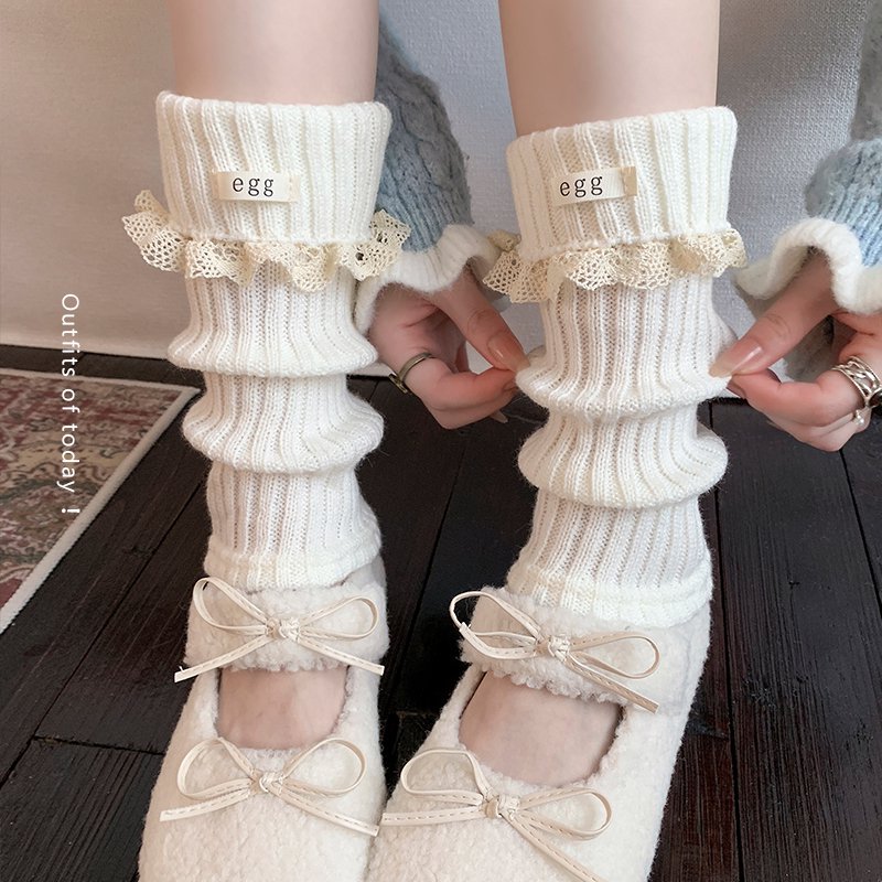堆堆袜套配靴子秋冬蕾丝长筒袜女miu系布标egg韩系小腿袜套甜美袜