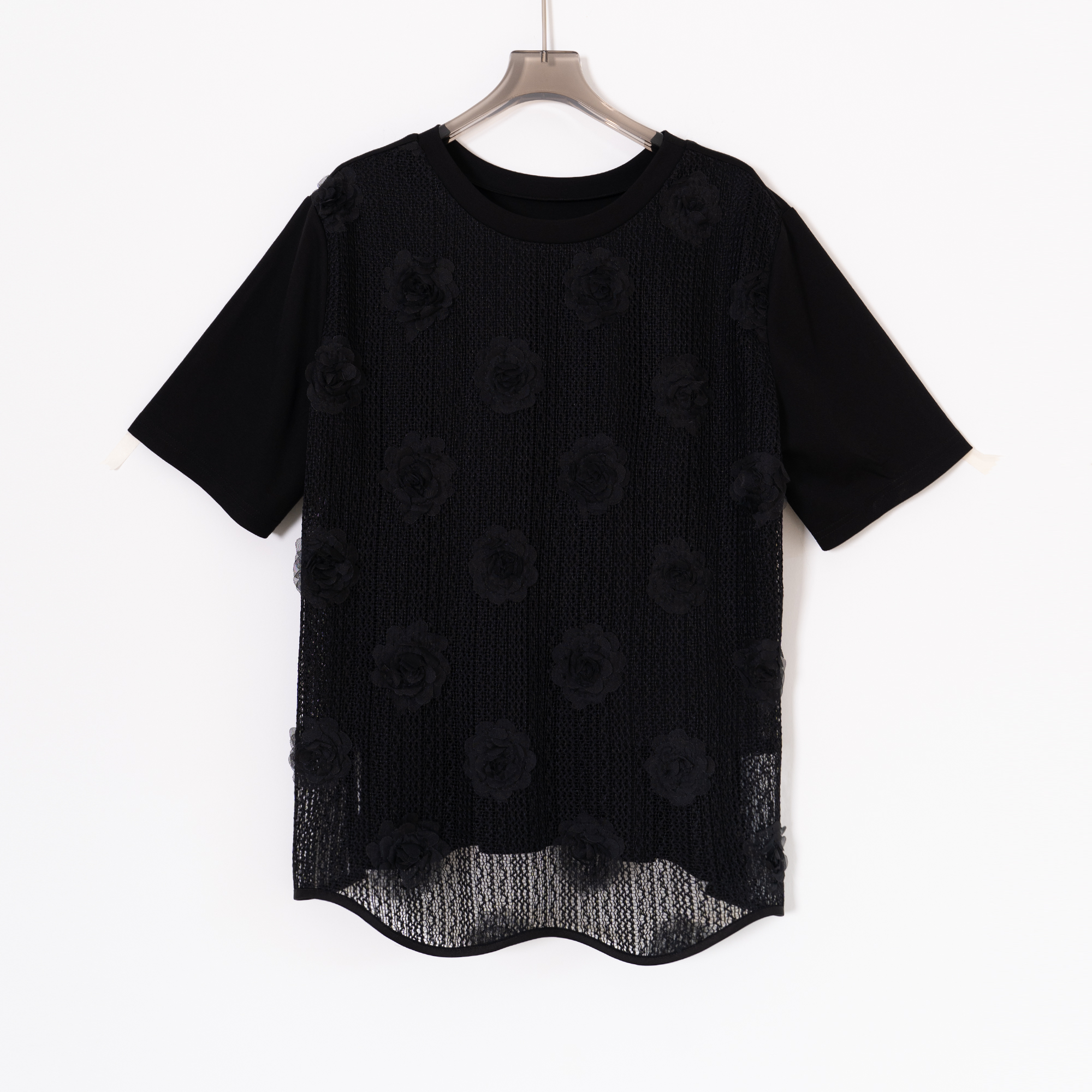 PS250482大码女装胖mm休闲上衣时尚圆领重工刺绣拼接半袖百搭舒适