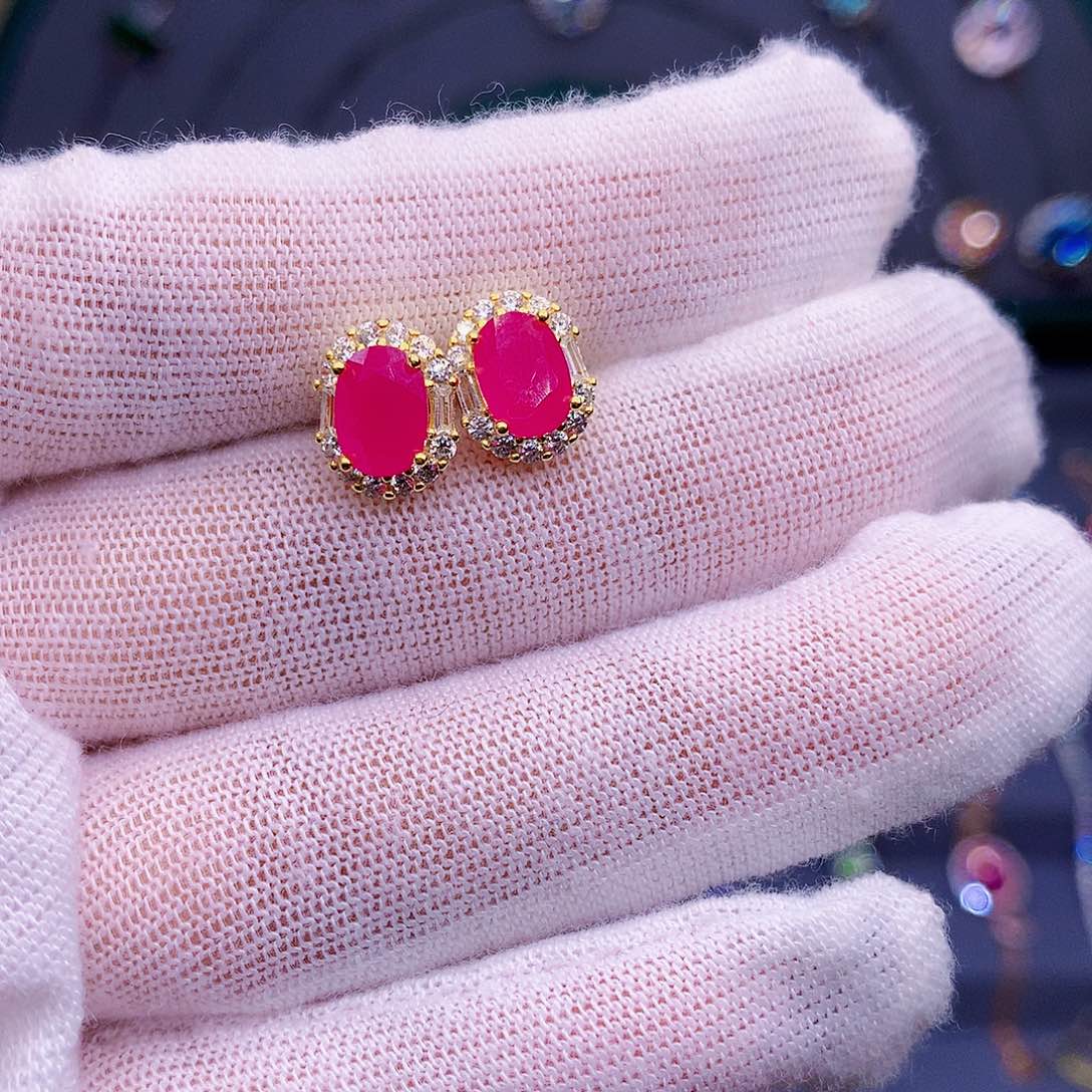 红宝石耳饰银S925镶嵌