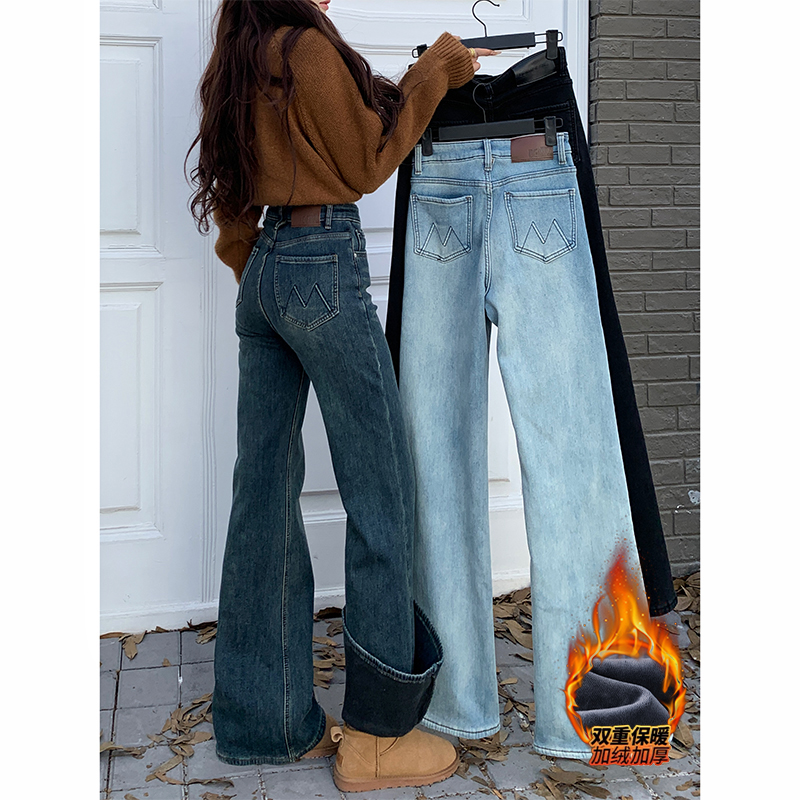 设计感不贴腿加绒刺绣微喇牛仔裤女2025冬季新款高腰显瘦弹力长裤