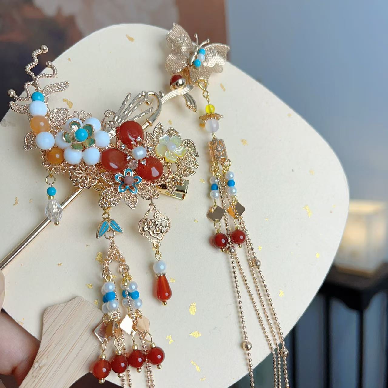 原创风晚林古风汉服烧蓝铸铜花藤发夹蝴蝶发簪