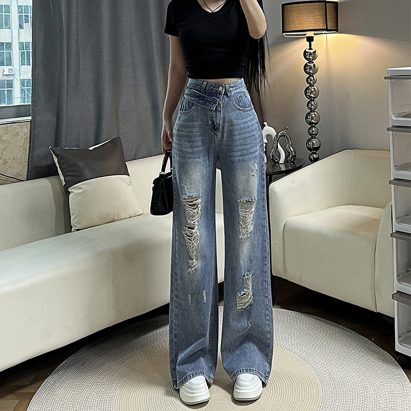 美式复古水洗破洞牛仔裤女2025夏季新款宽松阔腿裤