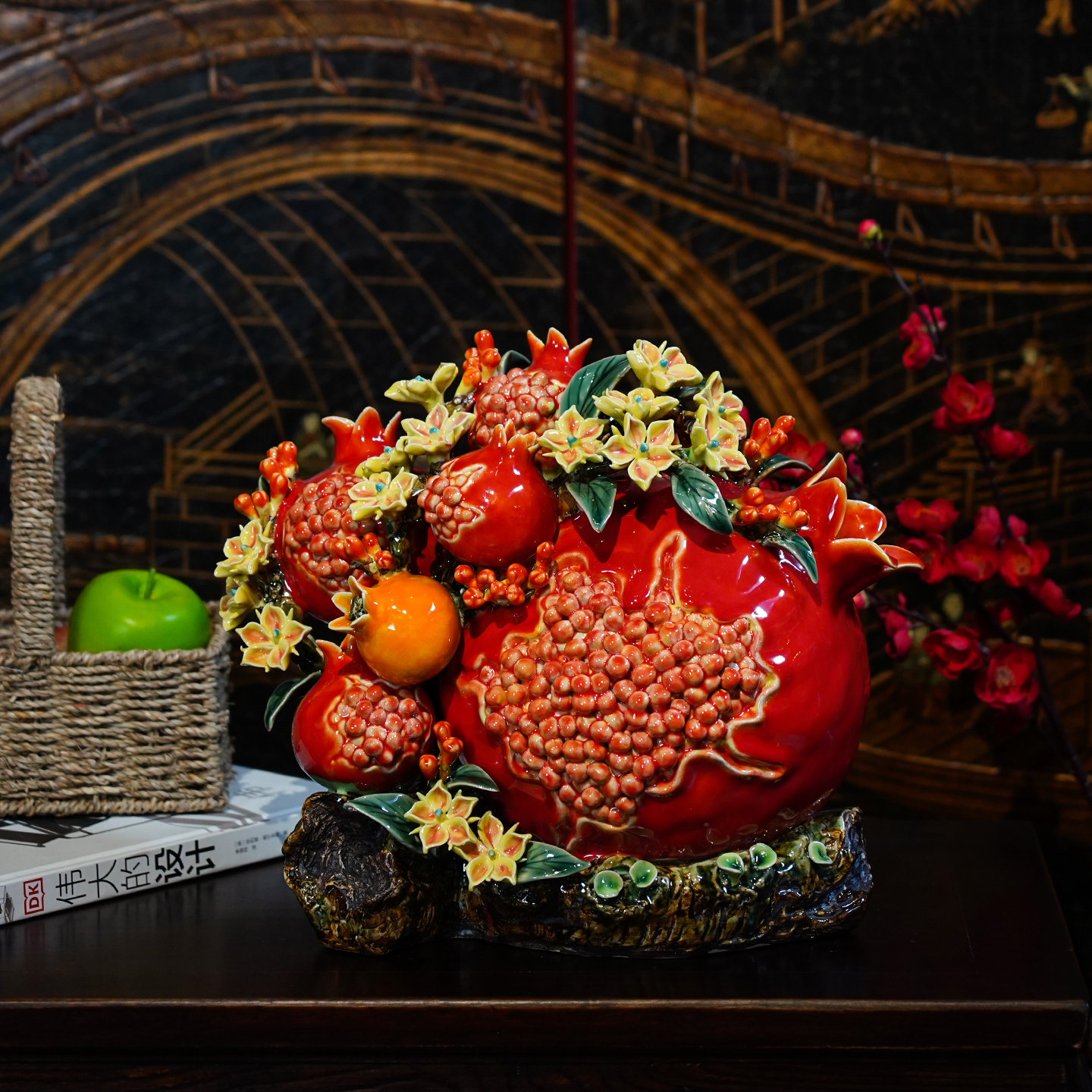 【三周年大促】AM85非遗手工石湾陶瓷石榴摆设客厅桌面装饰玄关摆件