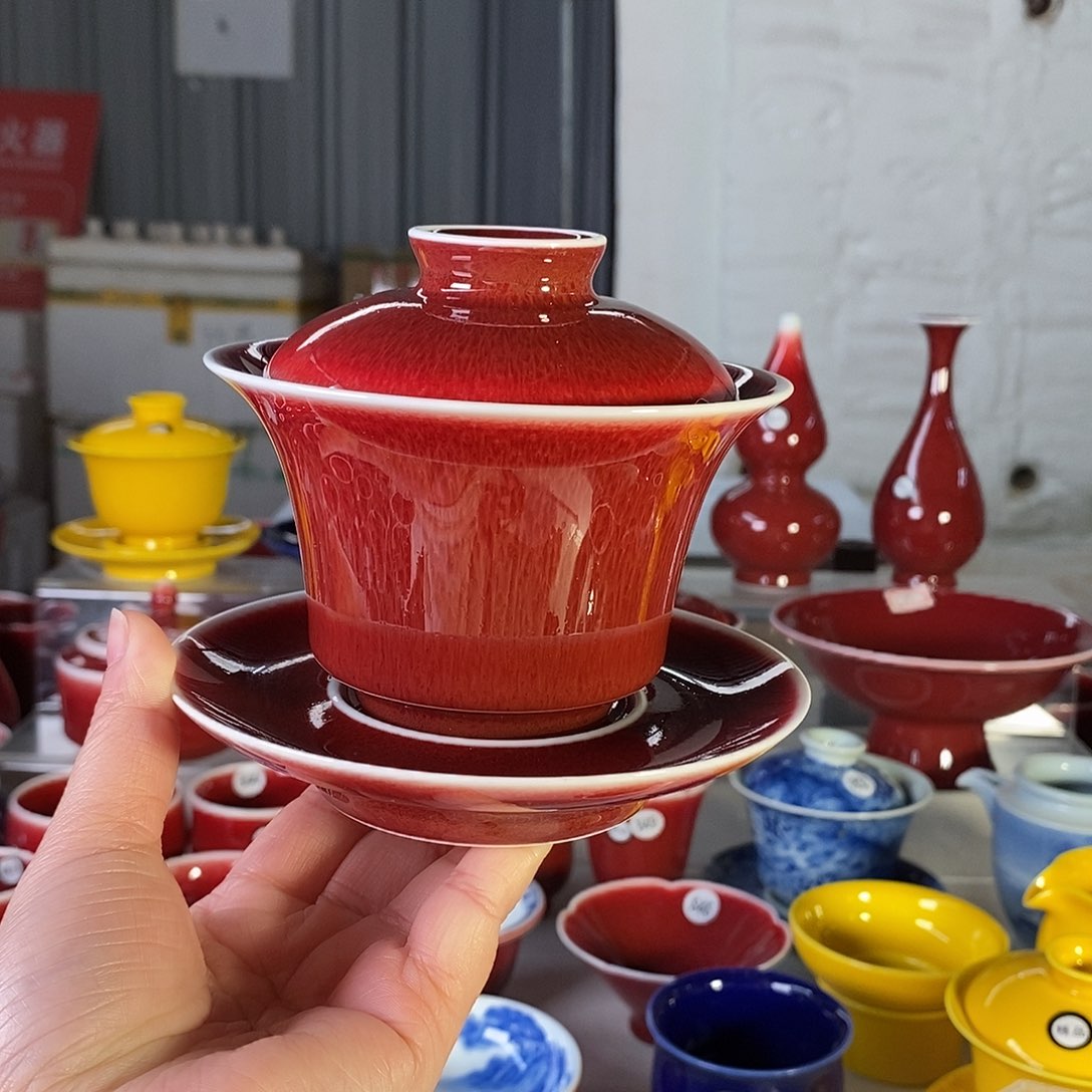 清欢雅玩原矿郎红三才马蹄盖碗