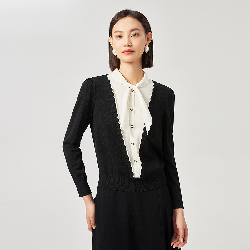 【静奢优雅】娜尔思绵羊毛长袖针织衫撞色设计气质秋季NZ05264W0