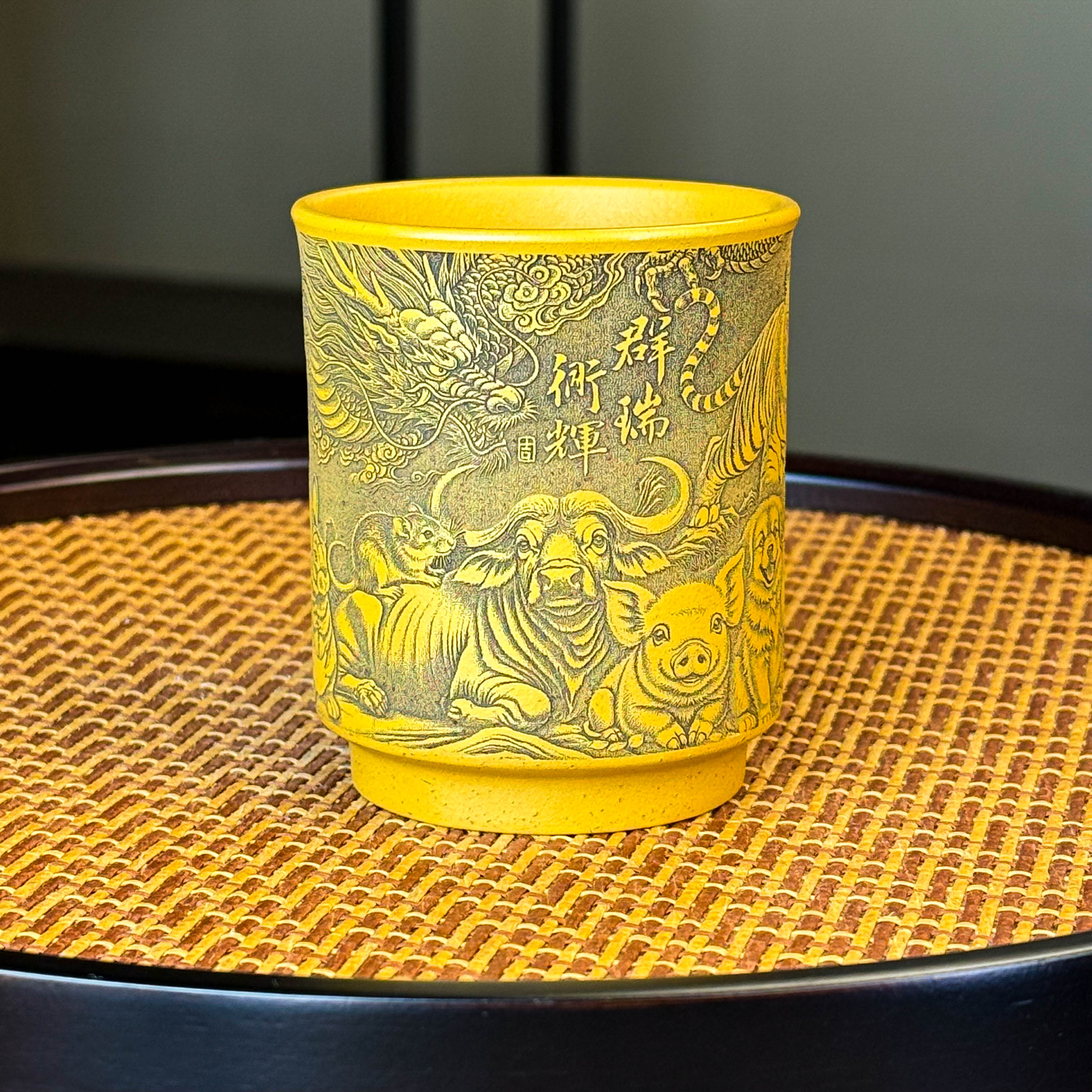 宜兴全手工紫砂茶具 原矿黄金朱泥泥料刻绘十二生肖主人杯品茗杯