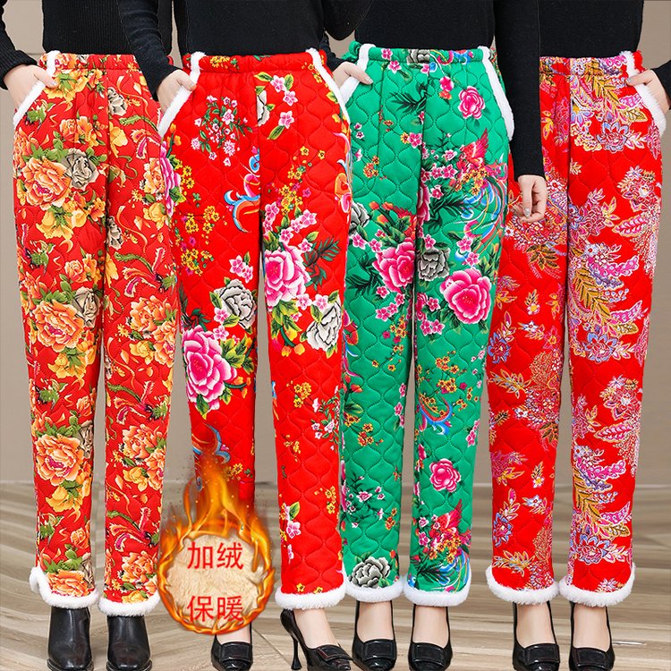 冬季东北大花棉裤女高腰加绒加厚宽松大码长裤时尚保暖民族风裤子