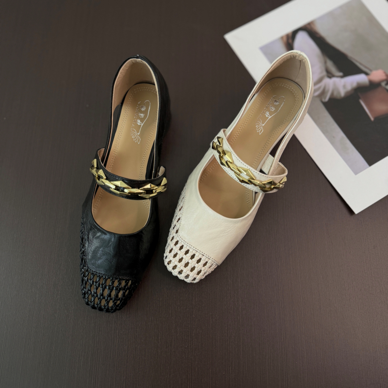18690-17镂空凉鞋女包头一字带罗马鞋粗跟中跟鞋方头大码女鞋真皮