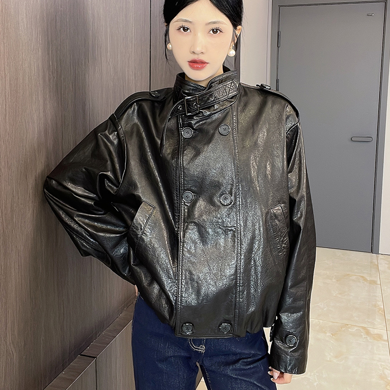 CJJ海宁2025新款真皮皮衣女立领双排扣欧货爆款牛皮HS56-58193