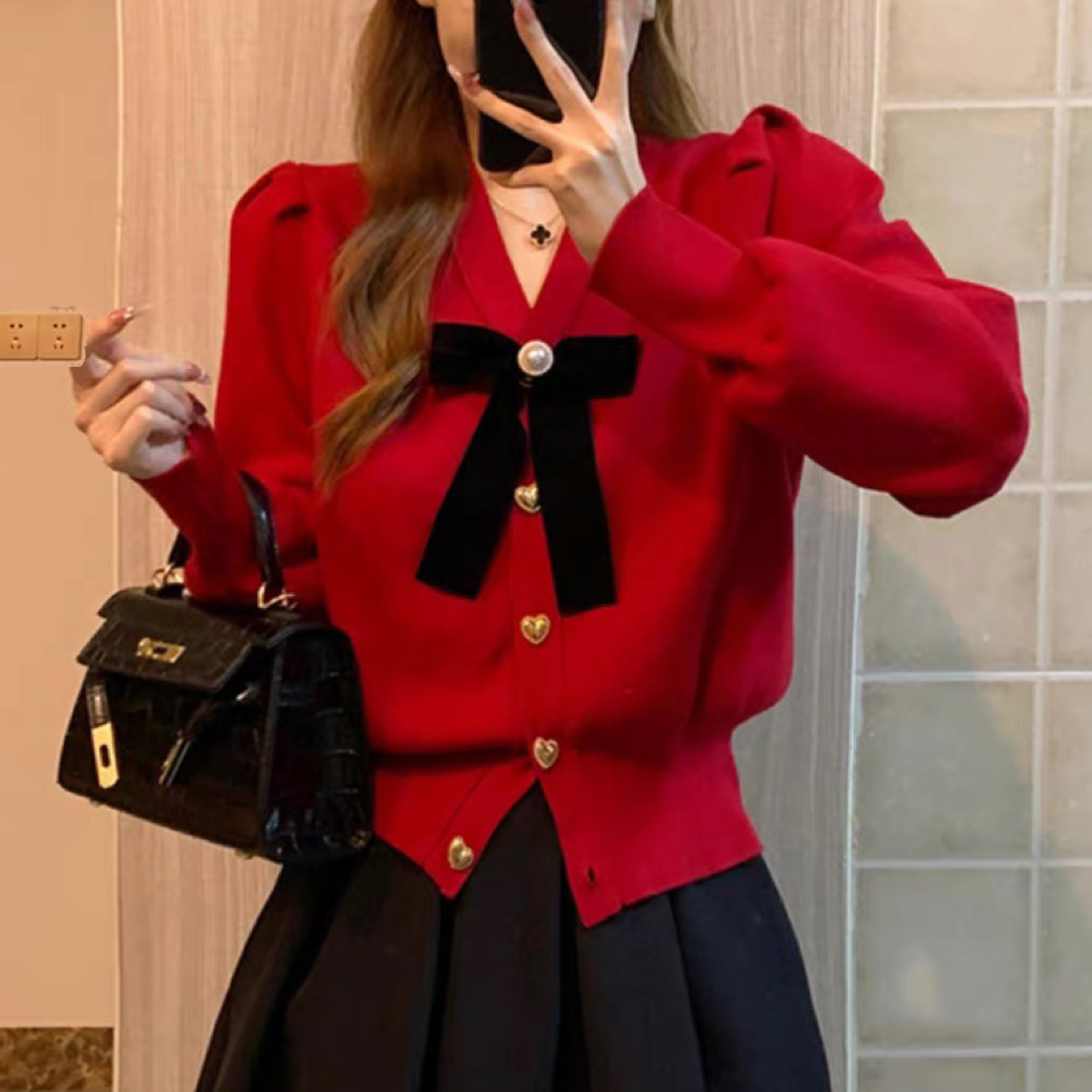 新年红色蝴蝶结毛衣女V领针织开衫外套过年小香风本命年修身上衣