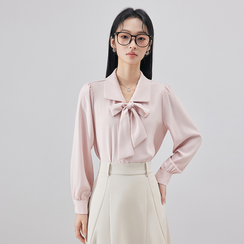 粉色衬衫女长袖春秋季优雅气质蝴蝶结上衣职业教资面试通勤白衬衣
