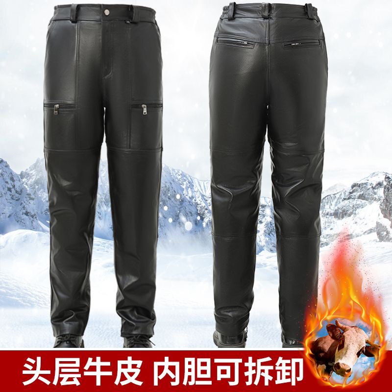 男士头层牛皮防风机车裤秋冬直筒高腰深裆中老年牛皮皮裤多兜新款