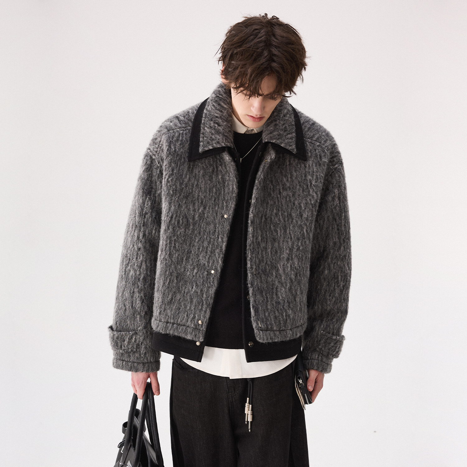 CHICERRO西西里男装双领撞色假两件呢料外套休闲宽松加厚毛呢翻领