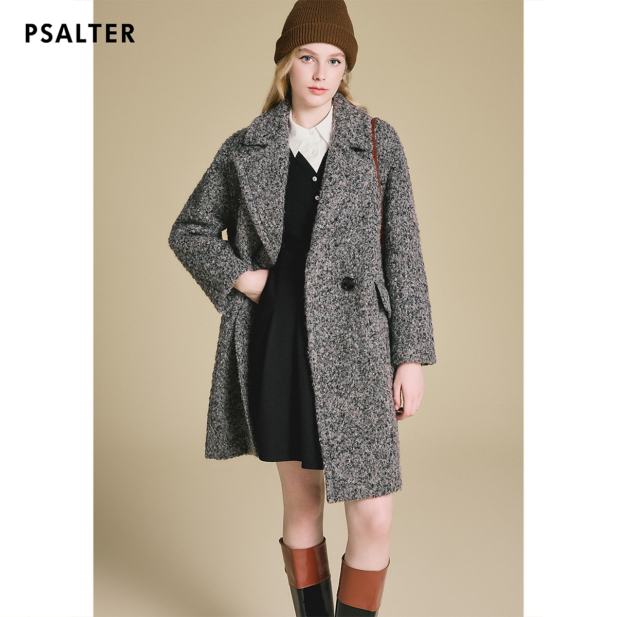 PSALTER/诗篇羊驼毛羊毛混纺圈圈呢大衣格雷系毛呢外套6C65180023