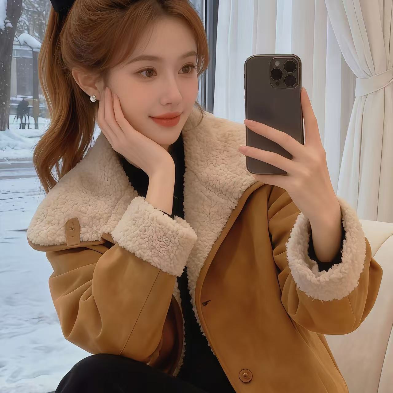 网红气质女冬季女士短外套翻领秋冬百搭直下摆