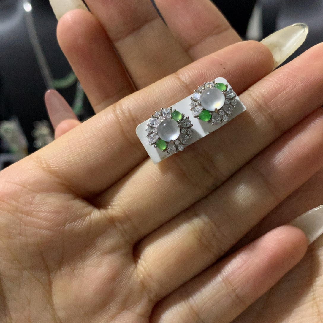翡翠银S925镶嵌耳饰耳钉