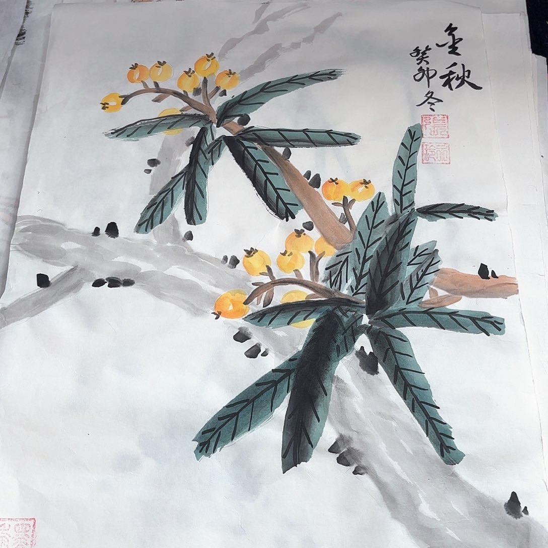 国画张永玲四尺四开花鸟朱