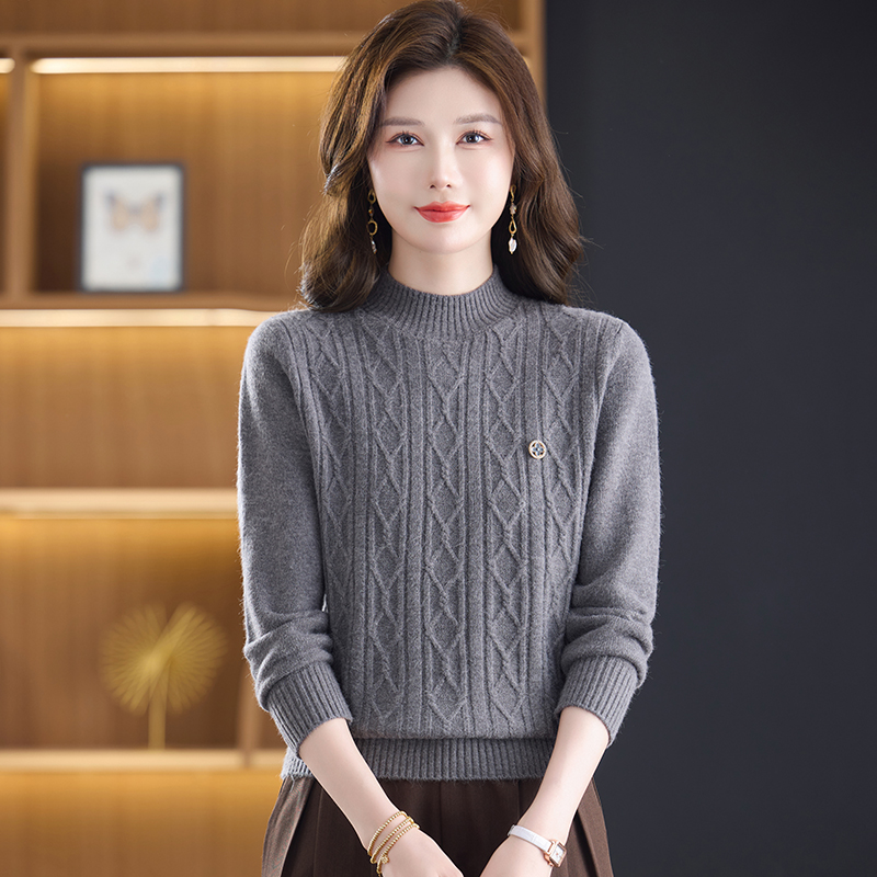 冬季毛针织衫加厚提花针织衫毛衣秋季女拼接半高领毛衣18030