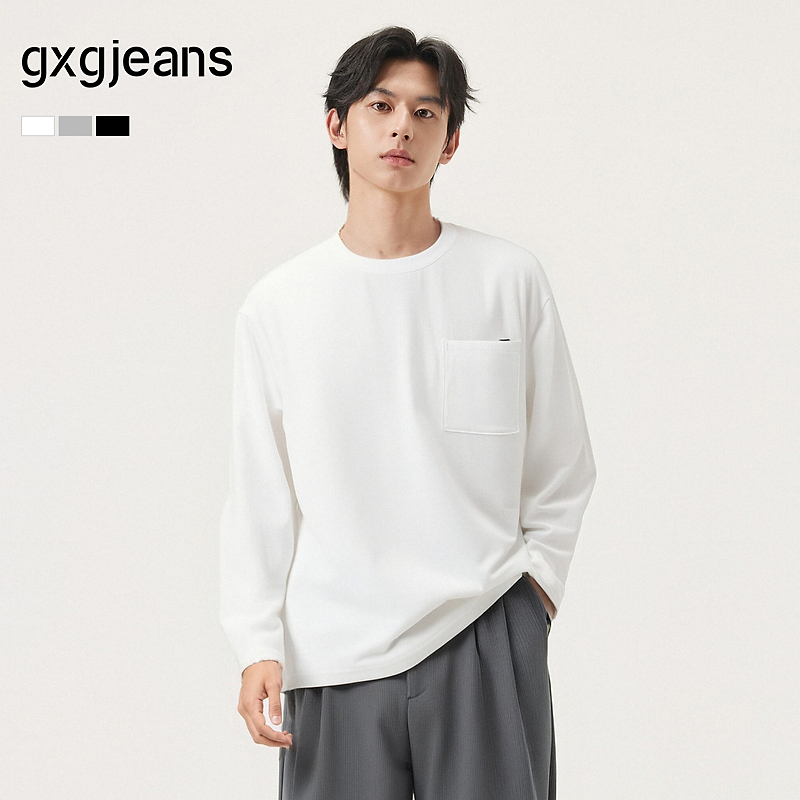 gxg.jeans男装 多色口袋设计纯棉宽松圆领长袖T恤男 25年秋新品