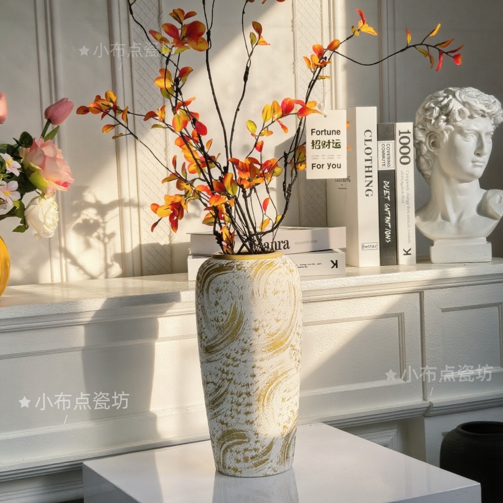 现代新中式金色花纹手绘花瓶摆件文艺桌面假花绿植民俗陶瓷插花器