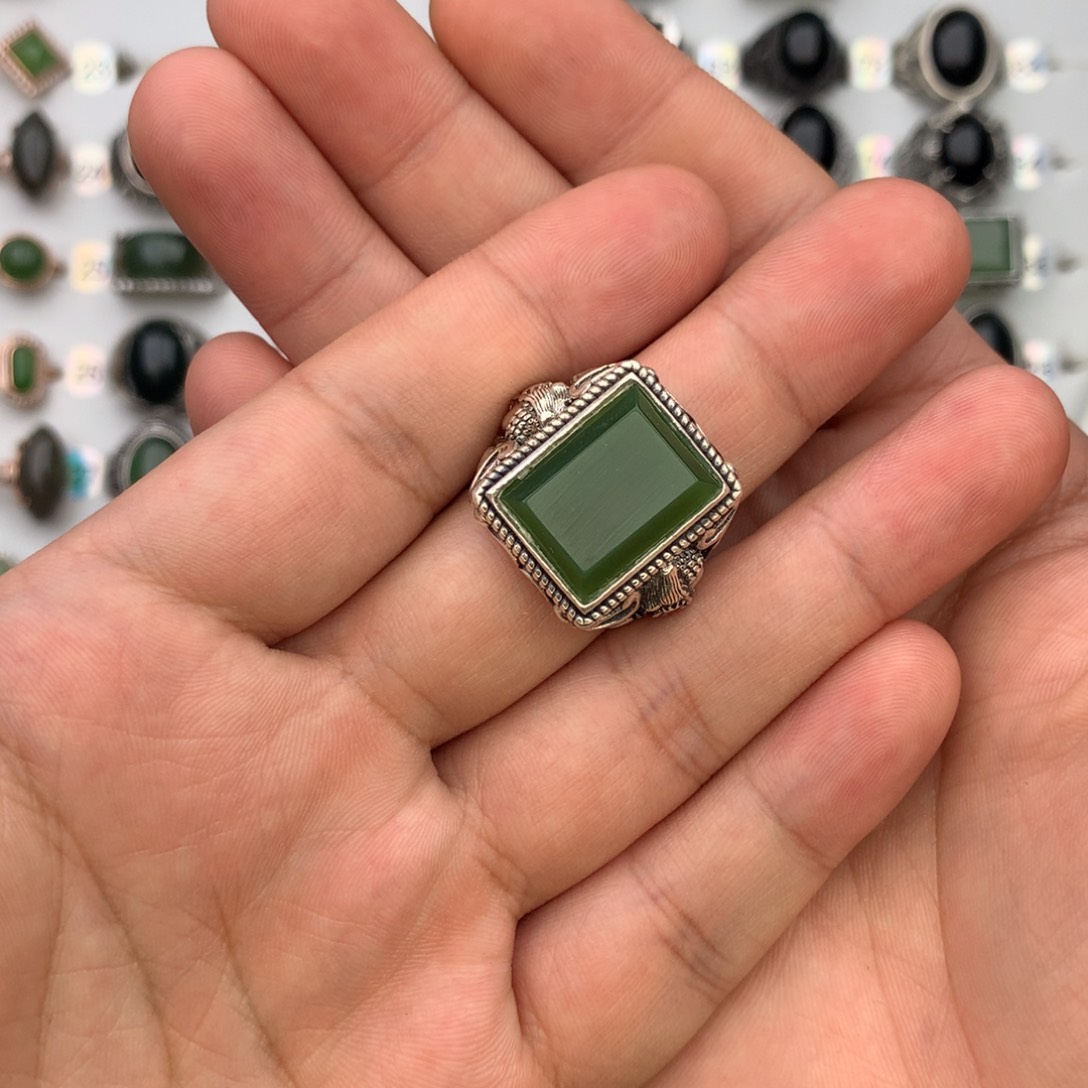 和田玉戒指银S925镶嵌坐****球