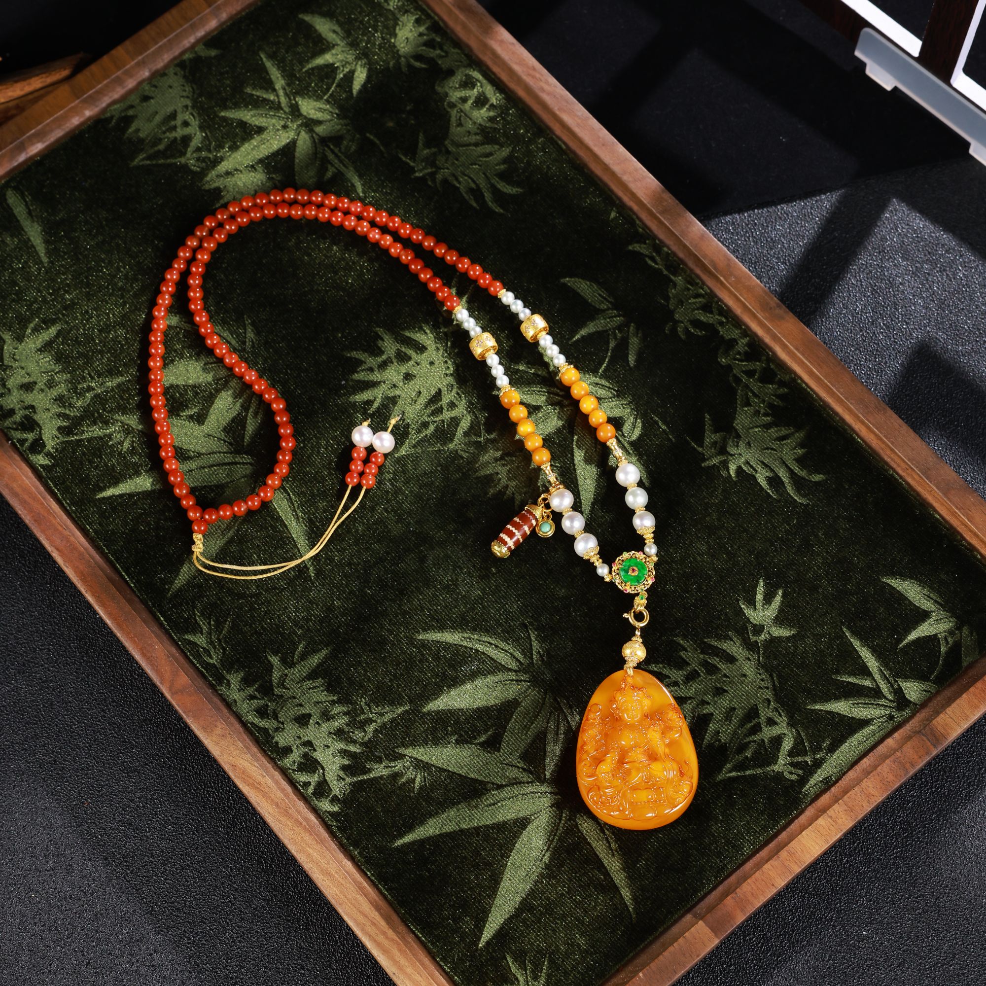 【红串蜜坠】心如珠宝 南红蜜蜡珍珠度母项链 XK02710