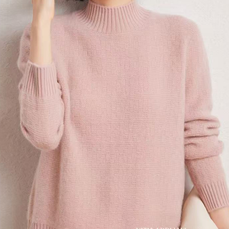 女士七针珍贝暗花半高领羊绒衫