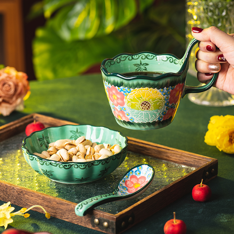 绿影黛粉杯子陶瓷马克杯家用喝水杯办公室复古早餐杯情侣杯咖啡杯