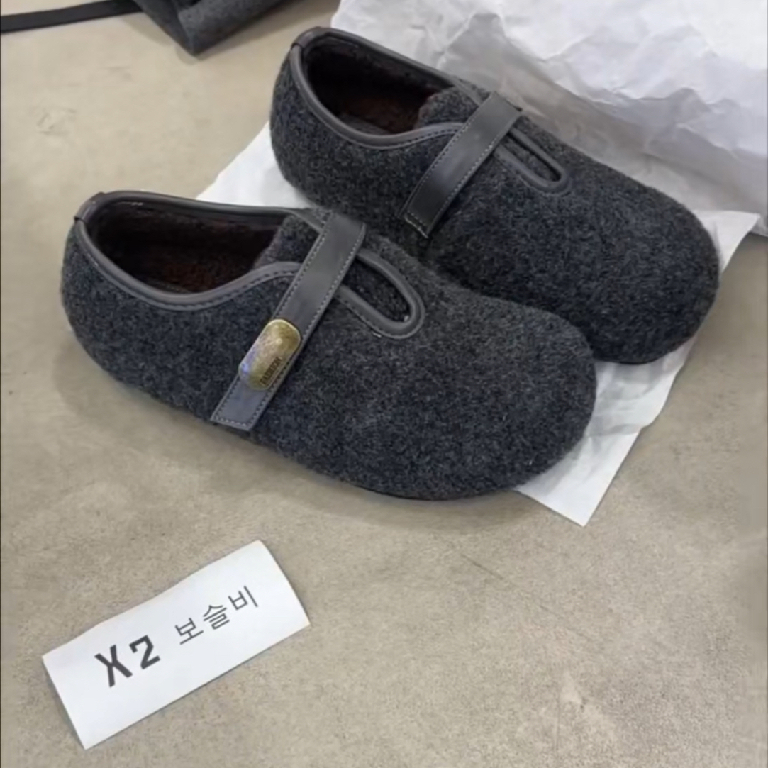 复古百搭冬季加绒毛呢保暖圆头魔术贴勃肯鞋女5868-3