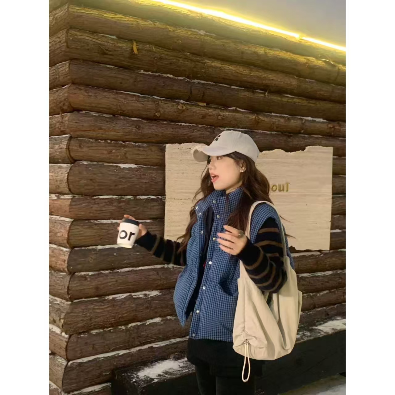 米米子定制两色细格纹显瘦上衣马甲外套秋冬宽松加厚韩版微胖女