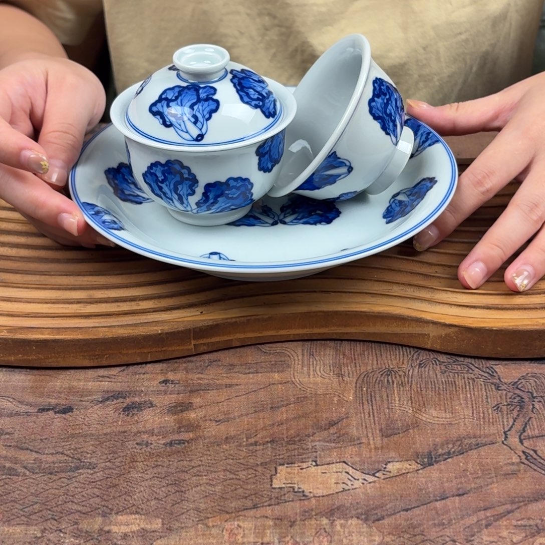 摆件景德镇白菜 布袋盖碗 压手杯 撇口壶承