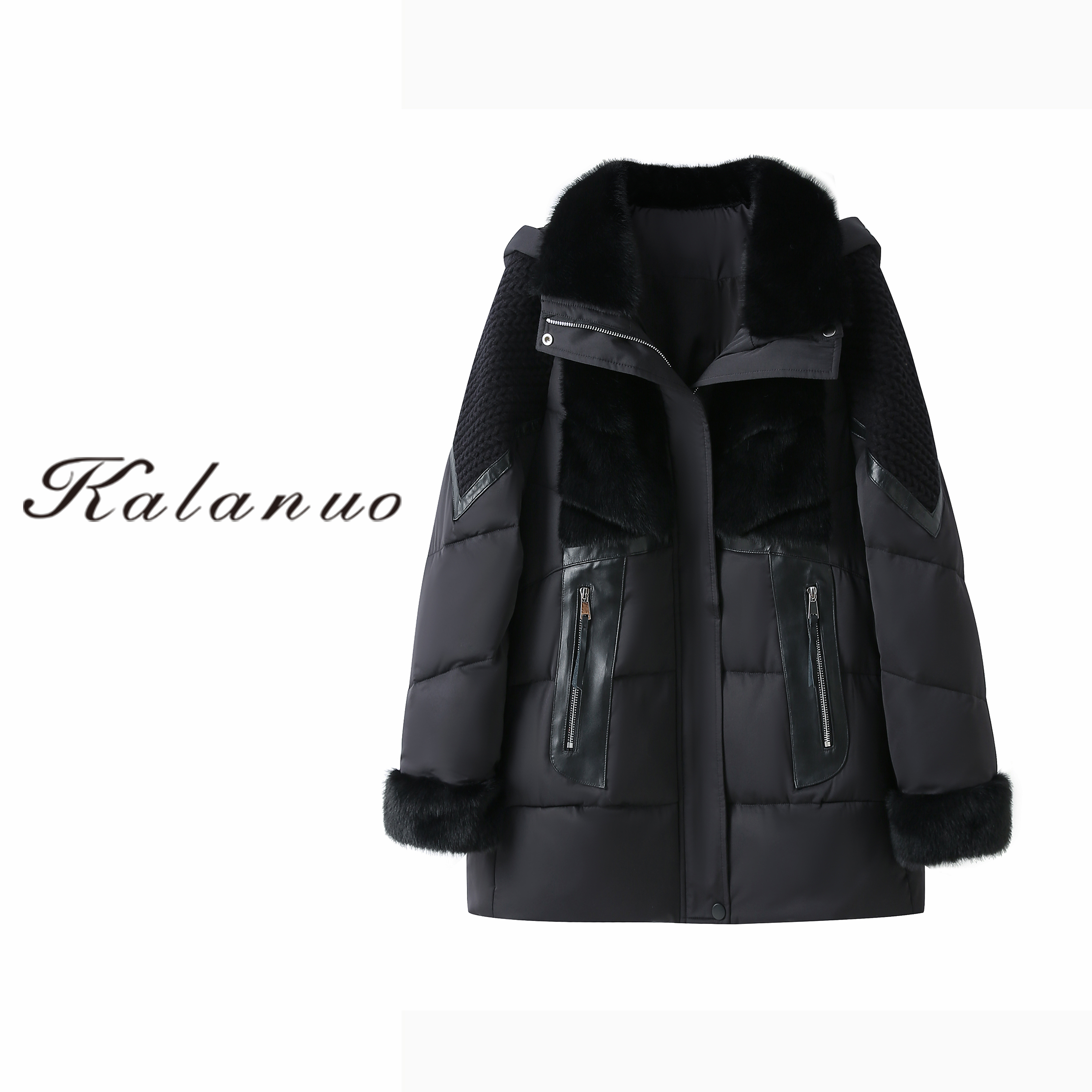 【卡拉诺】2024新款真皮拼接加厚桑蚕丝连帽外套2897