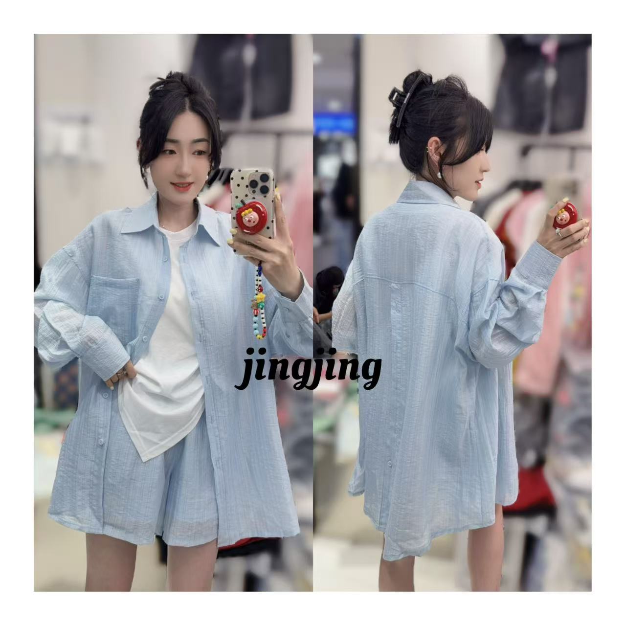 夏季通勤长袖衬衫搭配休闲宽松短裤套装（2067）