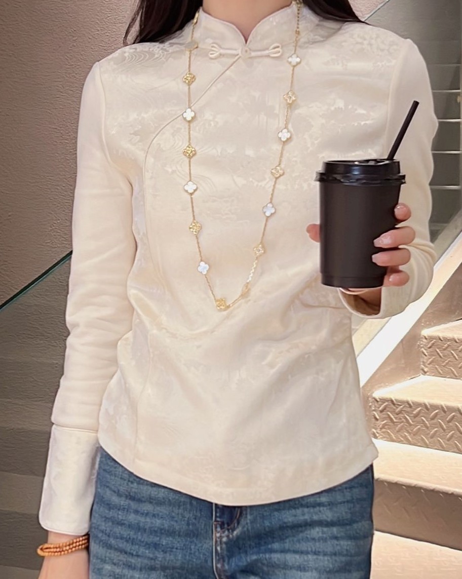 <ELFBOX>时尚复古中国风设计感新中式秋冬立领气质提花衬衫6769