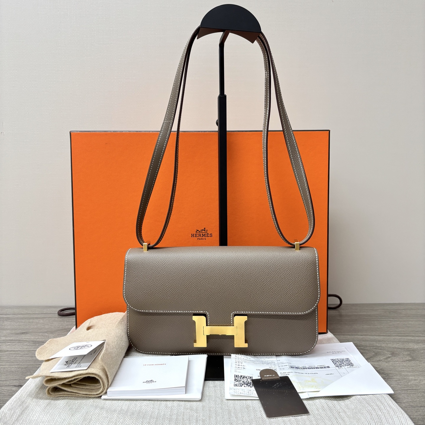 99新 Hermes/爱马仕 金扣康康elan横版大象灰单肩 斜挎包51900