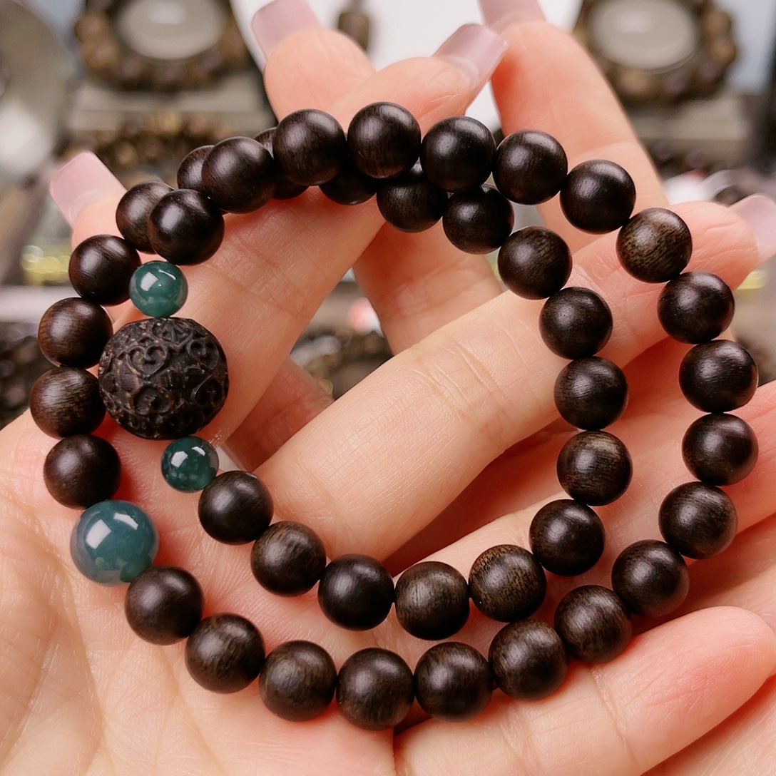 沉香手串紫棋古董窖藏老料0.8圆珠双圈款