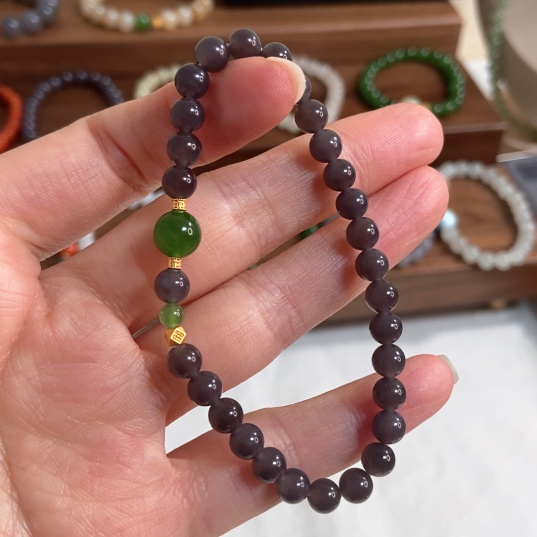 和田玉手链银S925镶嵌5.8mm深烟紫