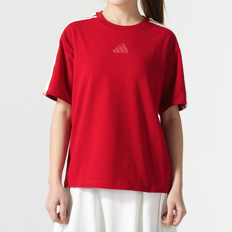 adidas阿迪达斯短袖T恤女装新年款红色休闲服圆领JM8836