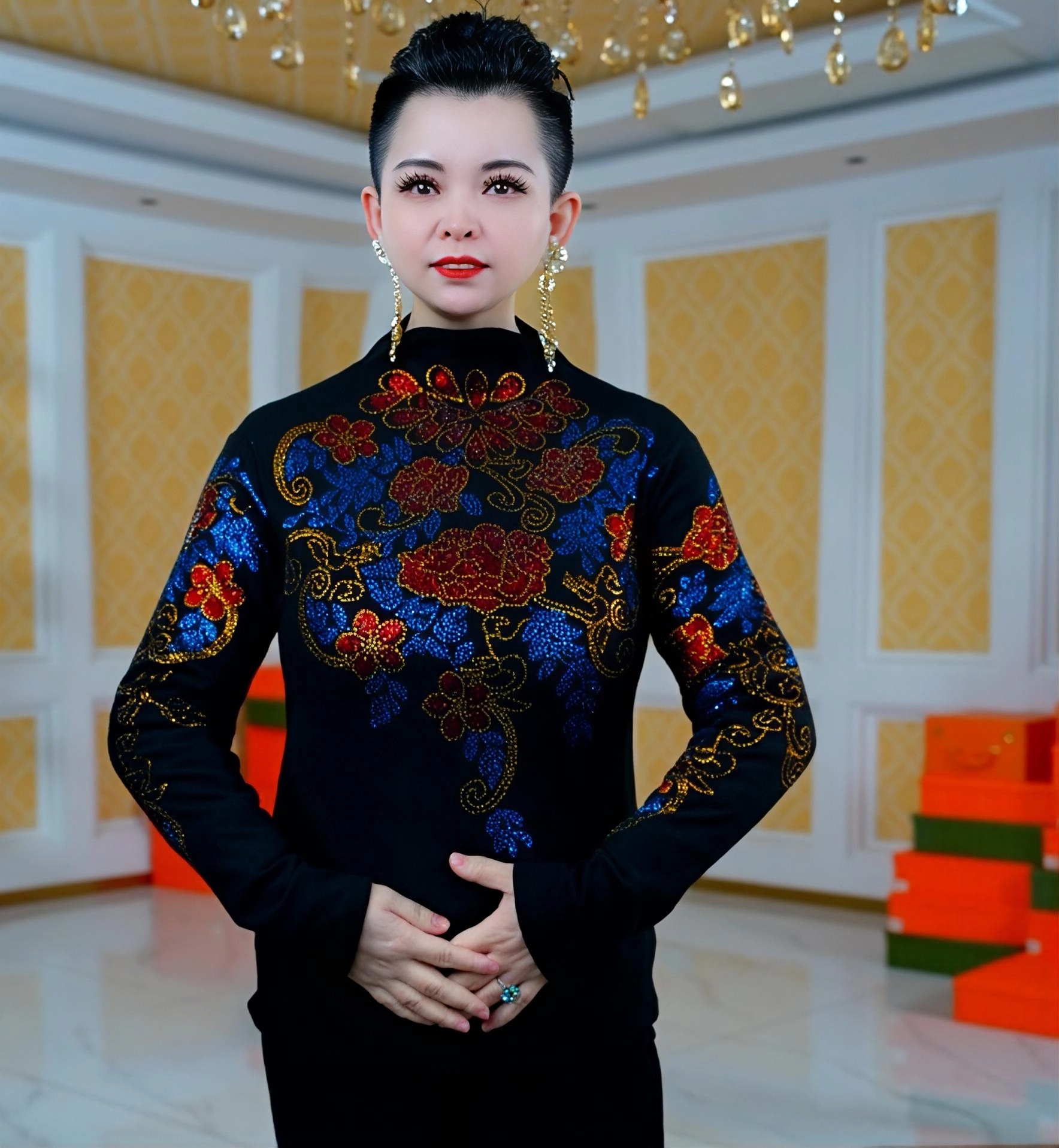 【花开富贵】半高领打底衫女内搭秋冬新款时尚烫钻上衣修身显瘦