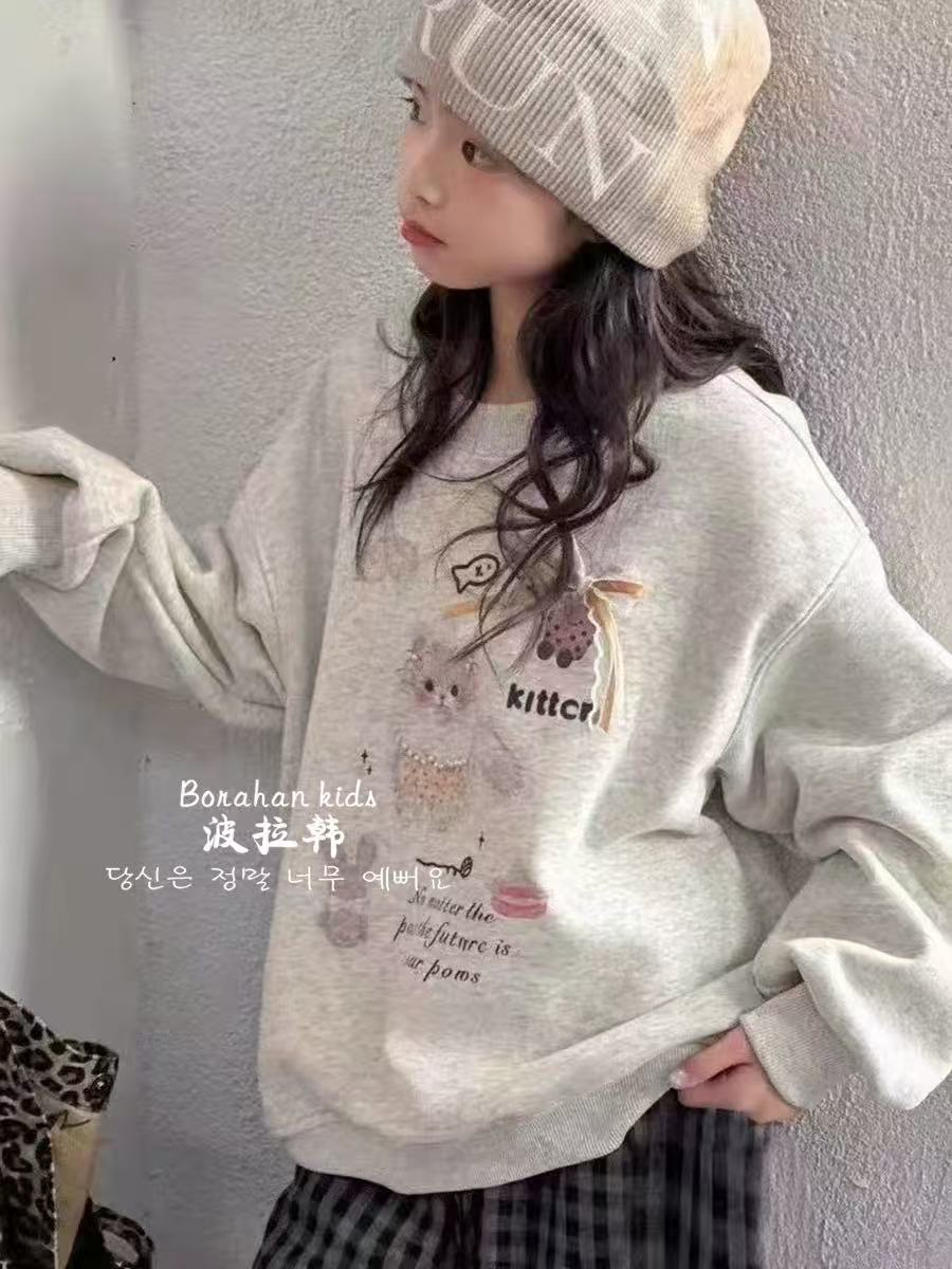 BORAHANKIDS猫吃鱼加绒卫衣2025洋气秋冬加厚一体绒上衣儿童衣服