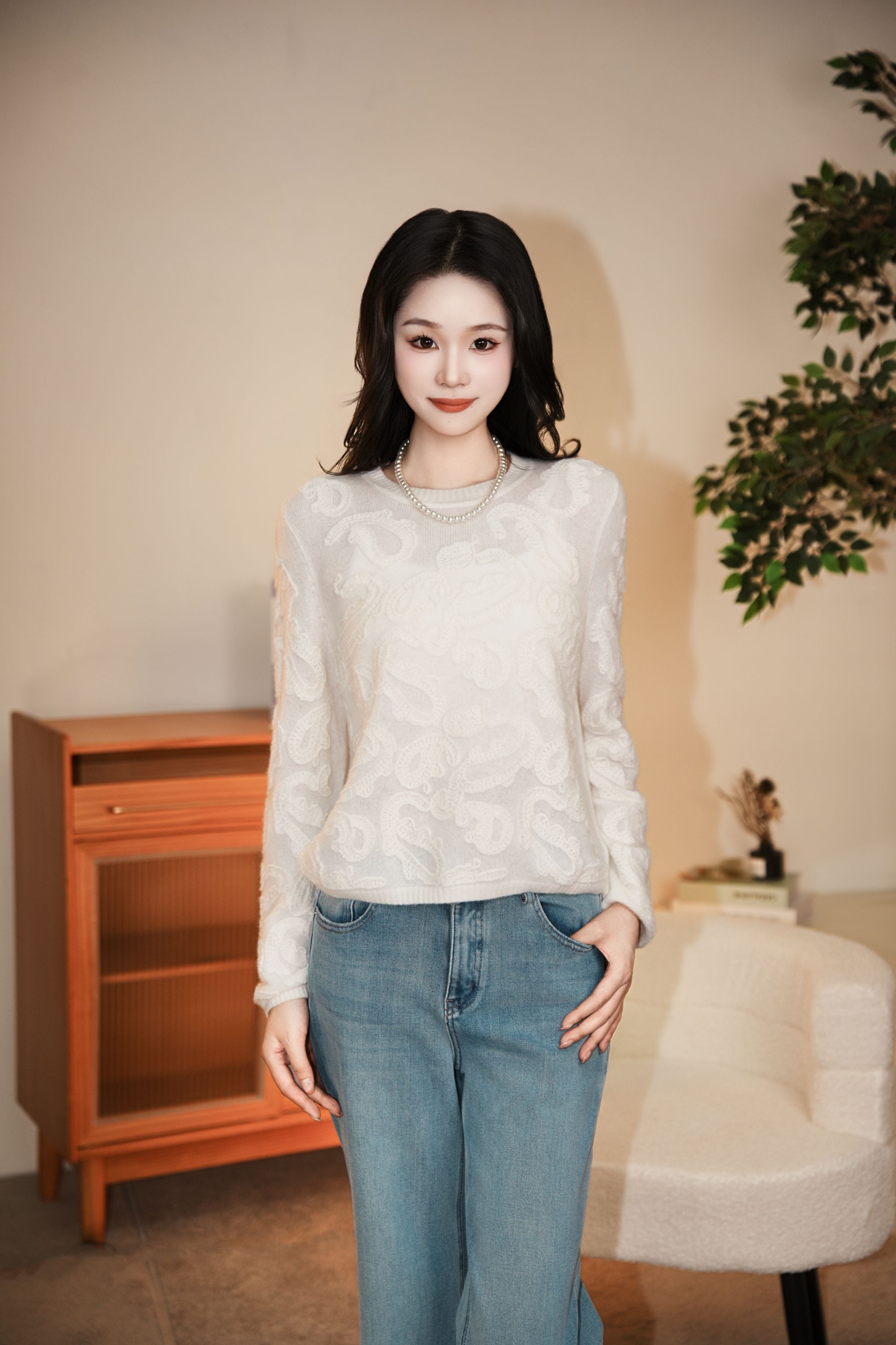 A99127-长袖镂空女圆领薄款厚款山羊毛针织衫女装提花时尚慵懒风