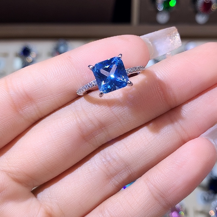 海蓝宝石银S925镶嵌戒圈白8