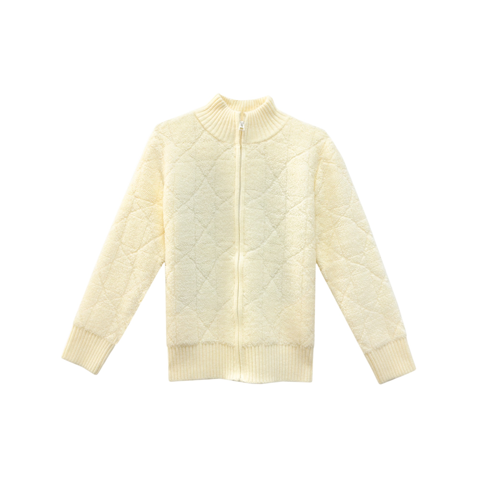 米白色菱格纹拉链开衫精致刺绣半高领设计时尚精致