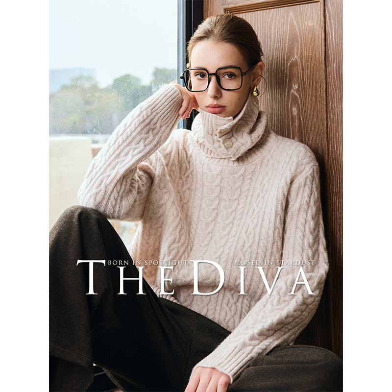 THE DIVA"100%羊毛"复古麻花设计长袖保暖通勤针织衫围脖/毛衣
