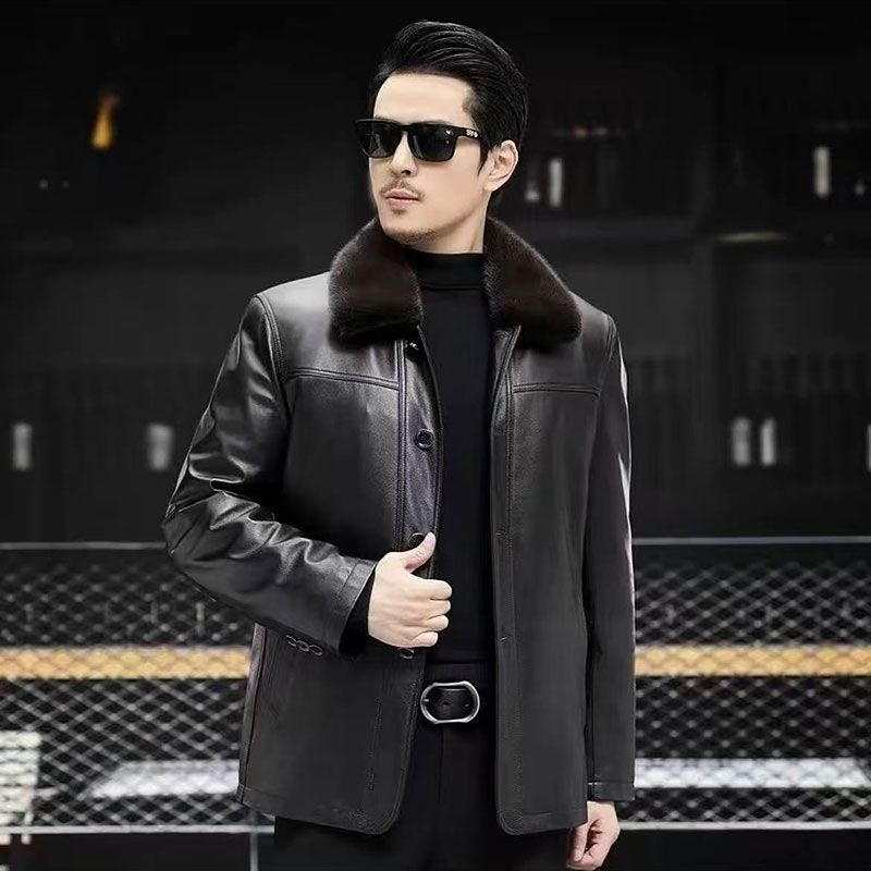 头层小牛皮 欧貂内胆+貂绒毛领 头牛皮翻领扣款欧貂可脱卸内胆